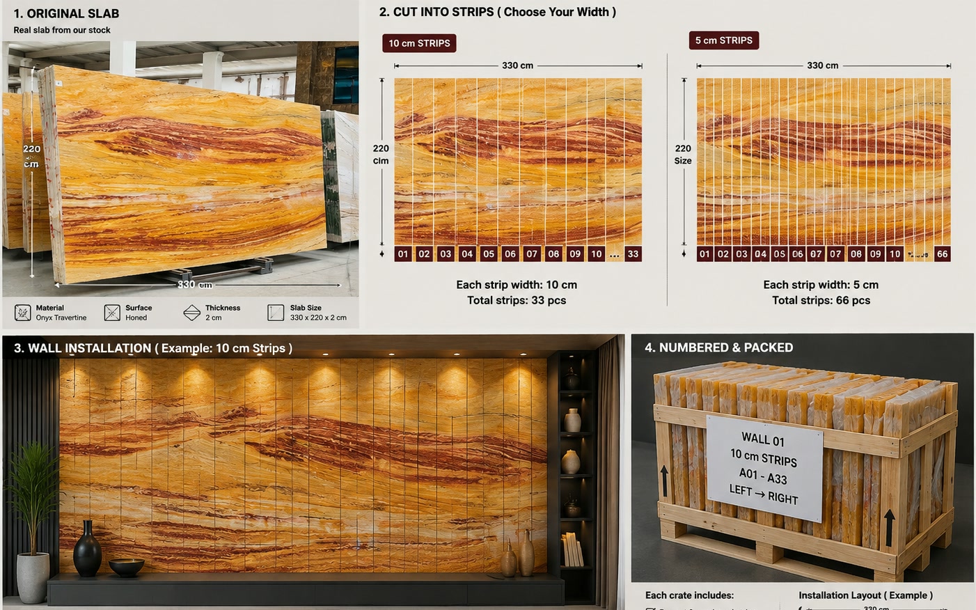 Natural stone slab cut into numbered strips and installed as a feature wall
