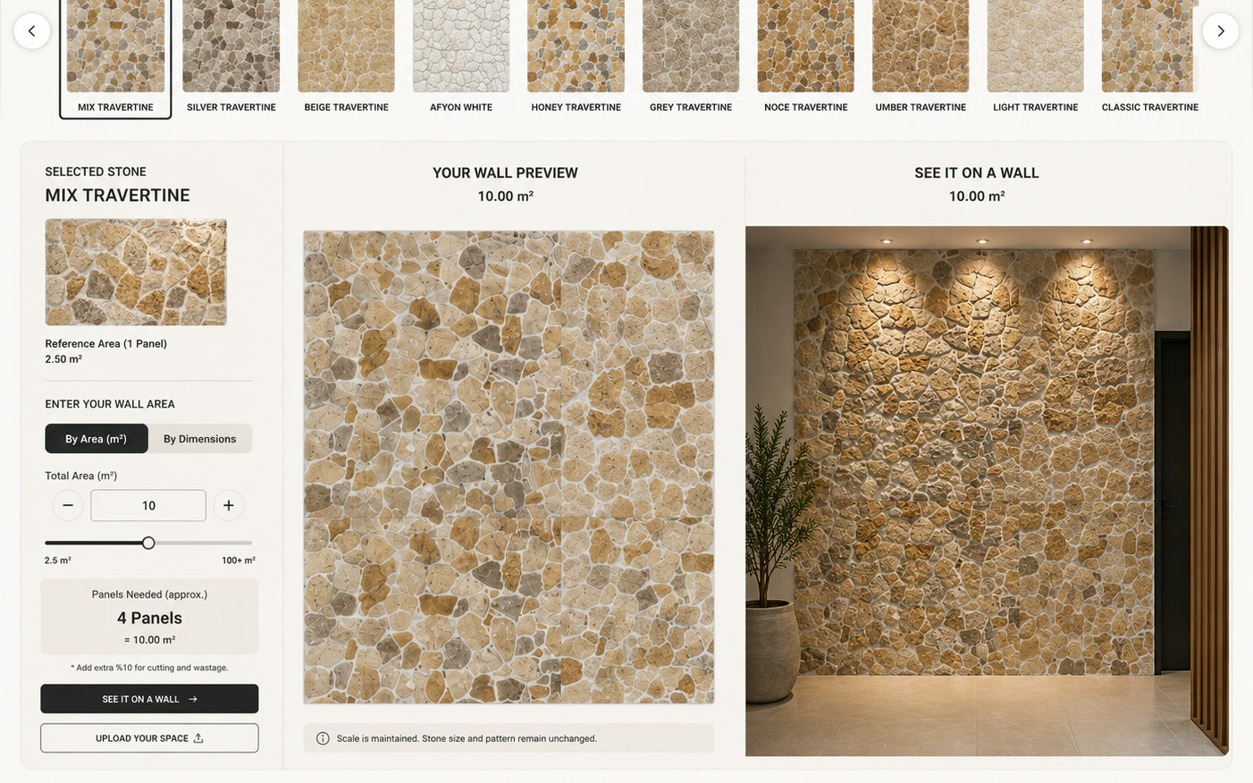 Rock face stone selection, coverage preview and installed wall visualisation
