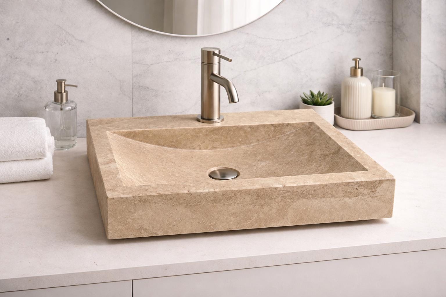 Handmade Travertine Stone Vessel Sink – Natural Beige Marble Vanity Wash Basin