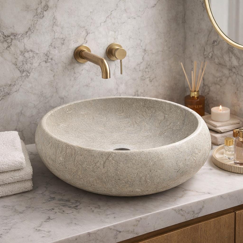 Hand Carved Limestone Vessel Sink – Natural Fossil Texture Bathroom Basin