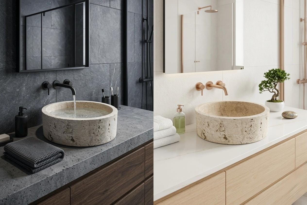 Hand Carved Travertine Vessel Sink – 42cm Natural Stone Bathroom Basin