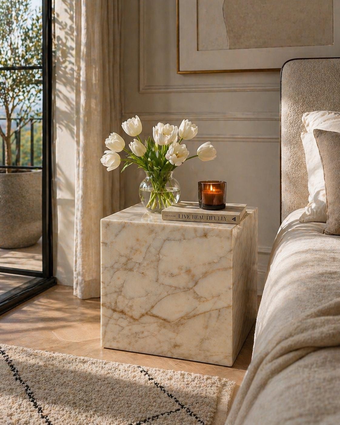 Natural Marble Cube Side Table, Minimalist Pedestal, 40cm Stone Accent, Handmade Decor