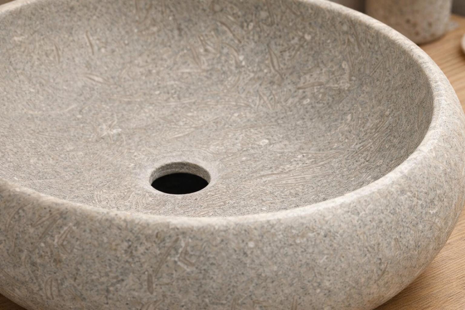 Hand Carved Limestone Vessel Sink – Natural Fossil Texture Bathroom Basin