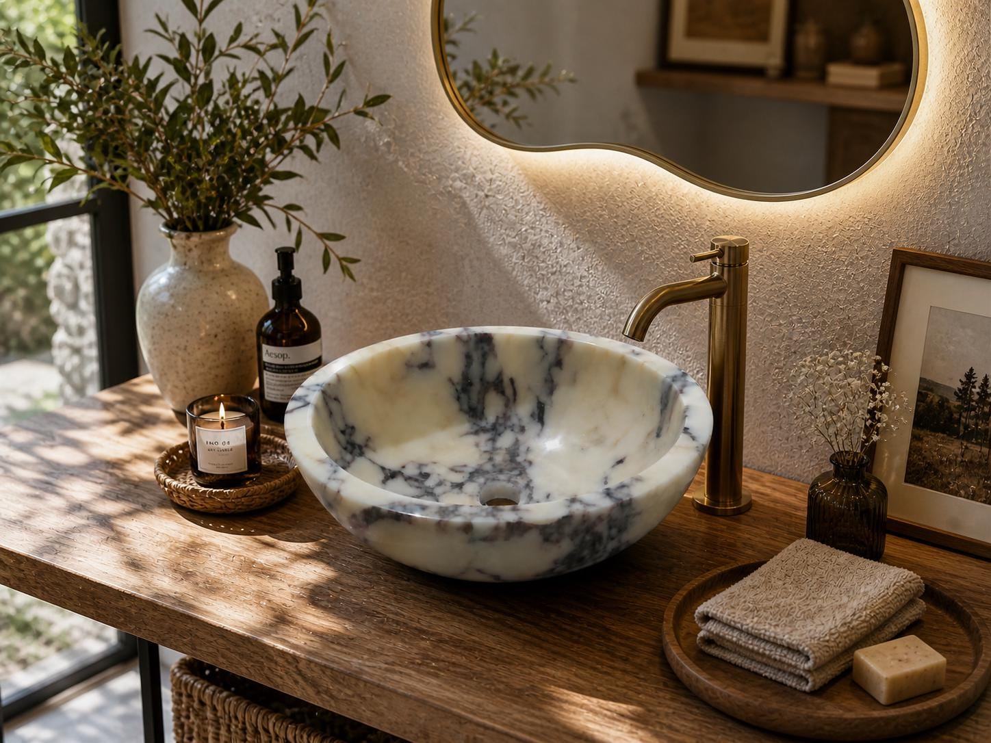 Hand Carved Calacatta Viola Marble Round Vessel Bathroom Sink – Natural Stone Vanity Basin