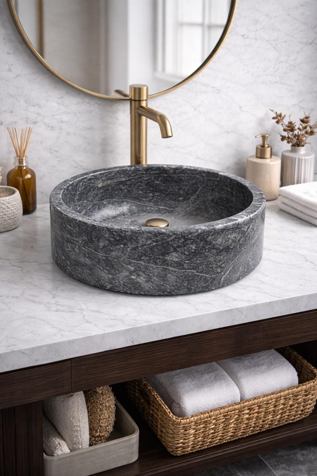 Natural Marble Vessel Sink – 28 cm Round Stone Bathroom Basin – Handmade Countertop Vanity Sink