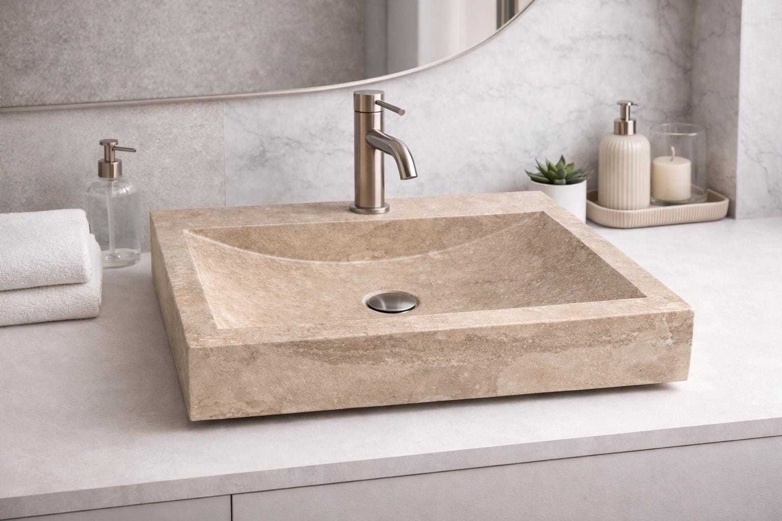 Handmade Travertine Stone Vessel Sink – Natural Beige Marble Vanity Wash Basin