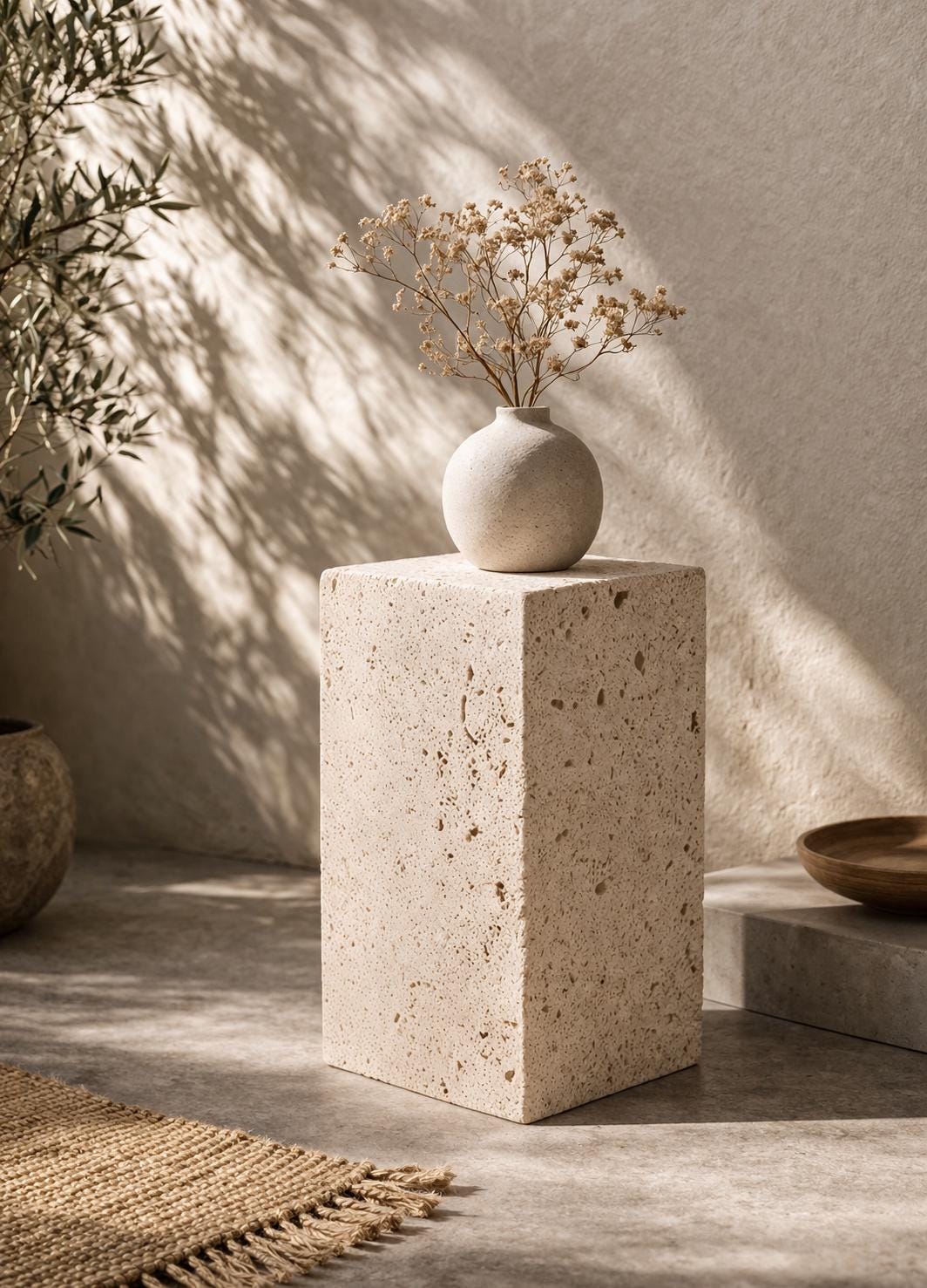 Travertine Pedestal Stand, Natural Beige Stone Decor Block, Organic Modern Styling Piece