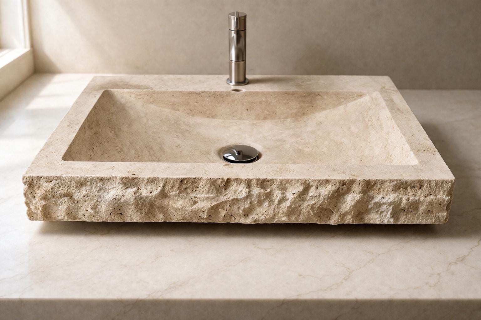 Hand-Carved Travertine Sink – Natural Stone Modern Bathroom Vanity Washbasin