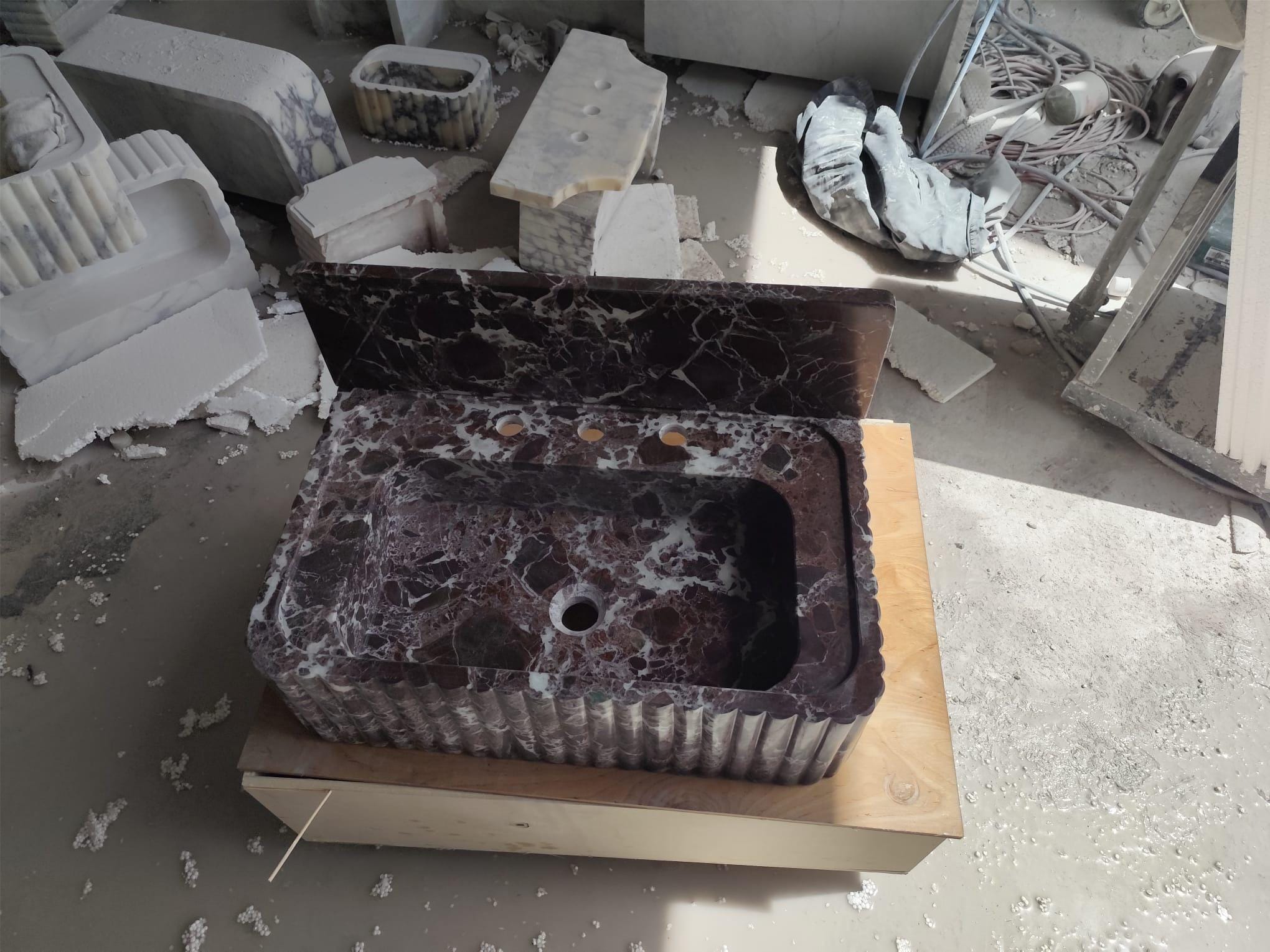 Rosso Levanto Marble Vanity Sink – Fluted Luxury Bathroom Basin – Handmade Natural Stone Sink