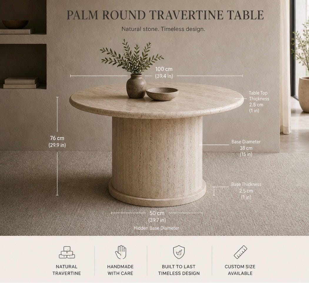 Travertine Round Dining Table, Fluted Pedestal Base, Natural Stone, 100cm