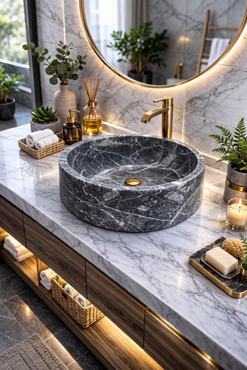Natural Marble Vessel Sink – 30cm Round Stone Bathroom Basin – Handmade Countertop Vanity Sink