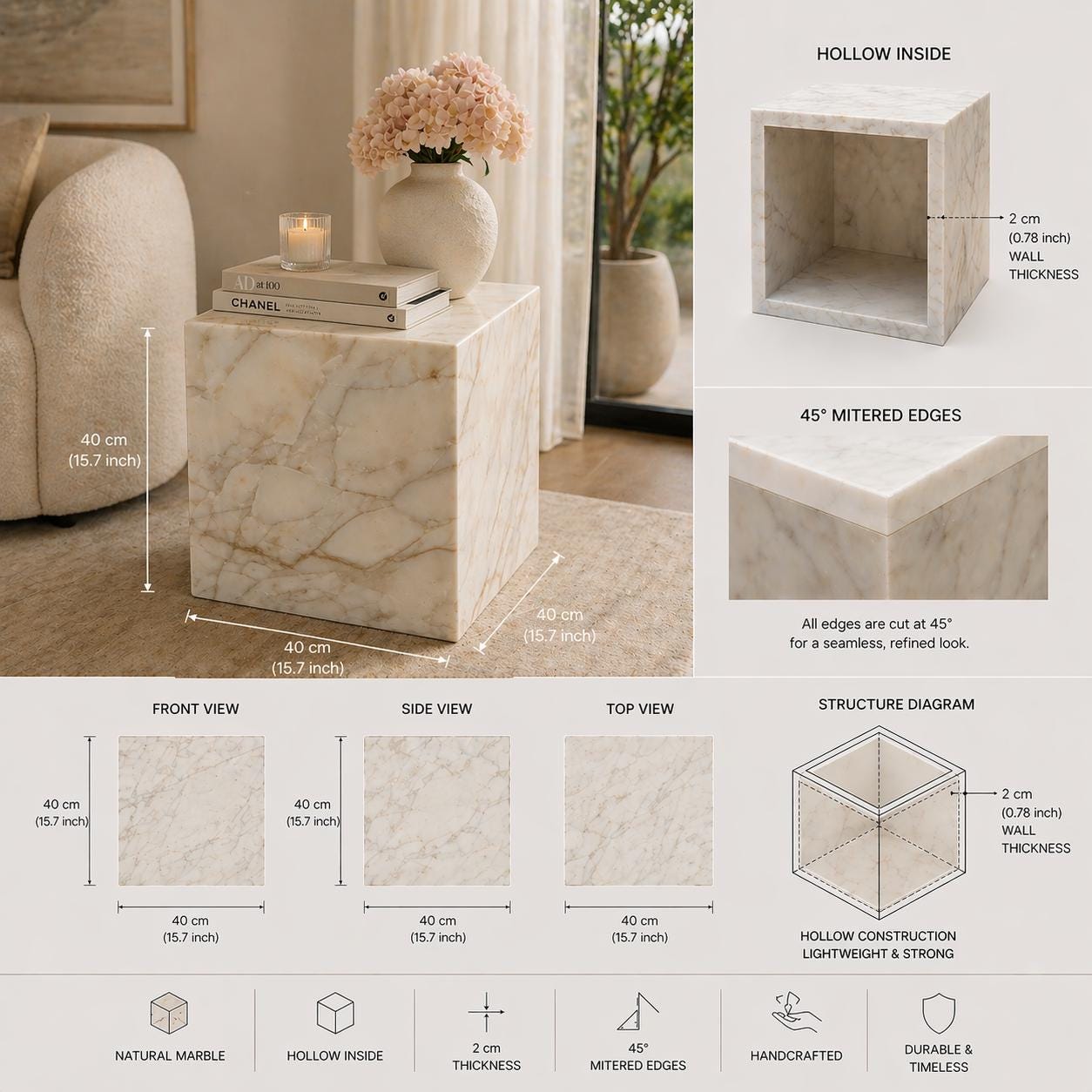 Natural Marble Cube Side Table, Minimalist Pedestal, 40cm Stone Accent, Handmade Decor
