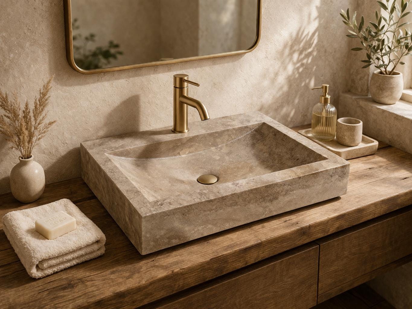 Handmade Travertine Stone Vessel Sink – Natural Beige Marble Vanity Wash Basin