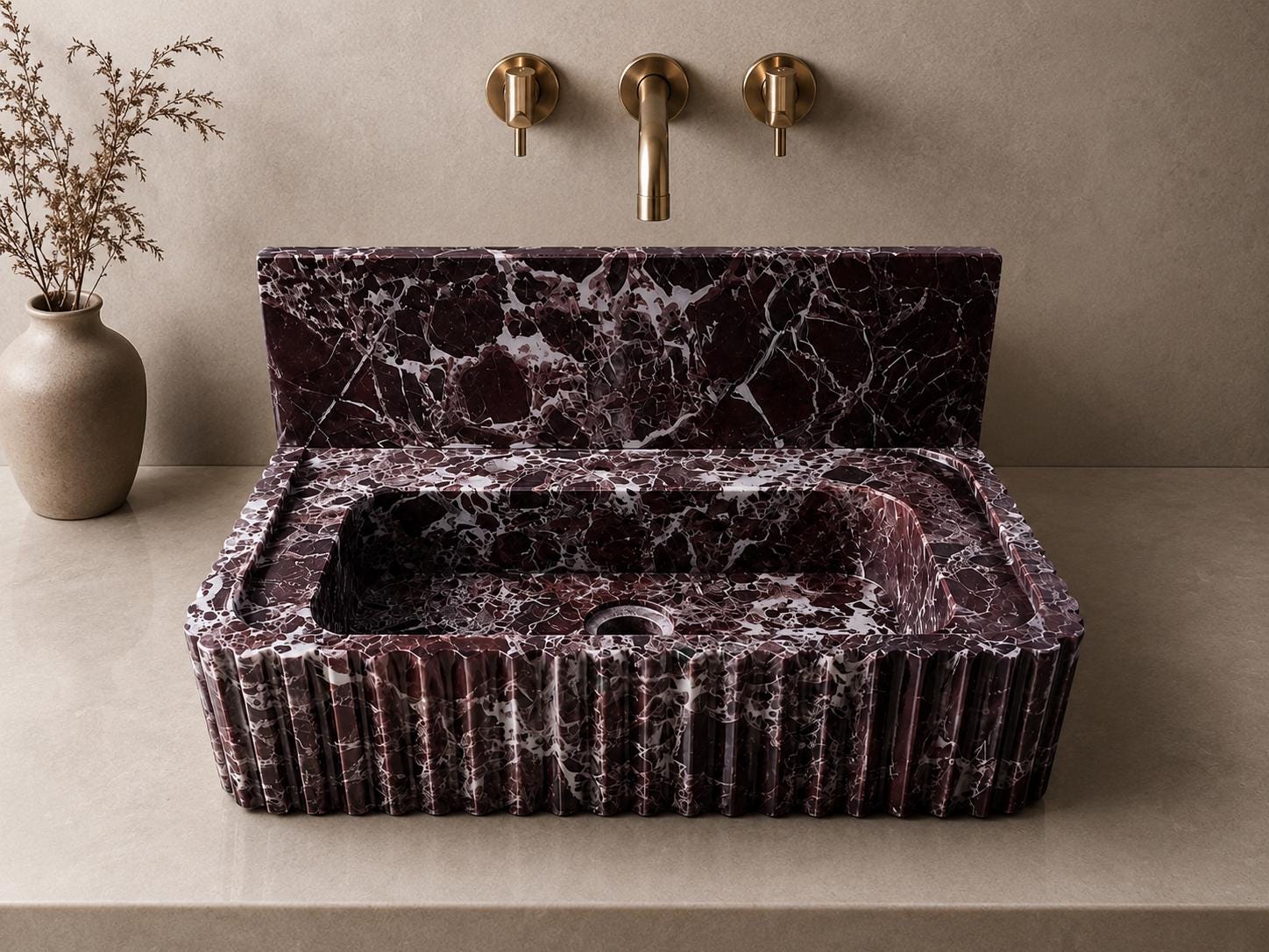 Rosso Levanto Marble Vanity Sink – Fluted Luxury Bathroom Basin – Handmade Natural Stone Sink