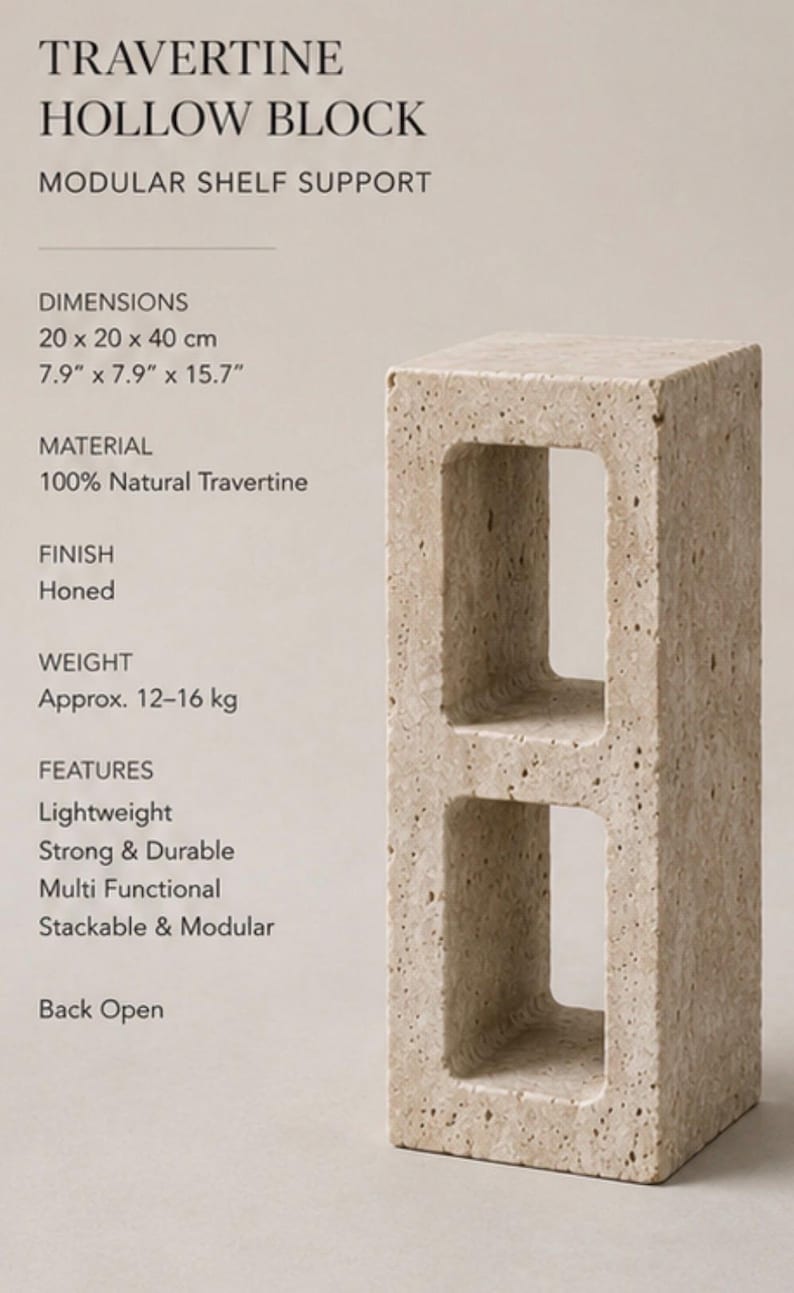 Travertine Hollow Block | Modular Stone Furniture Block | Shelf Support | Architectural Building Block