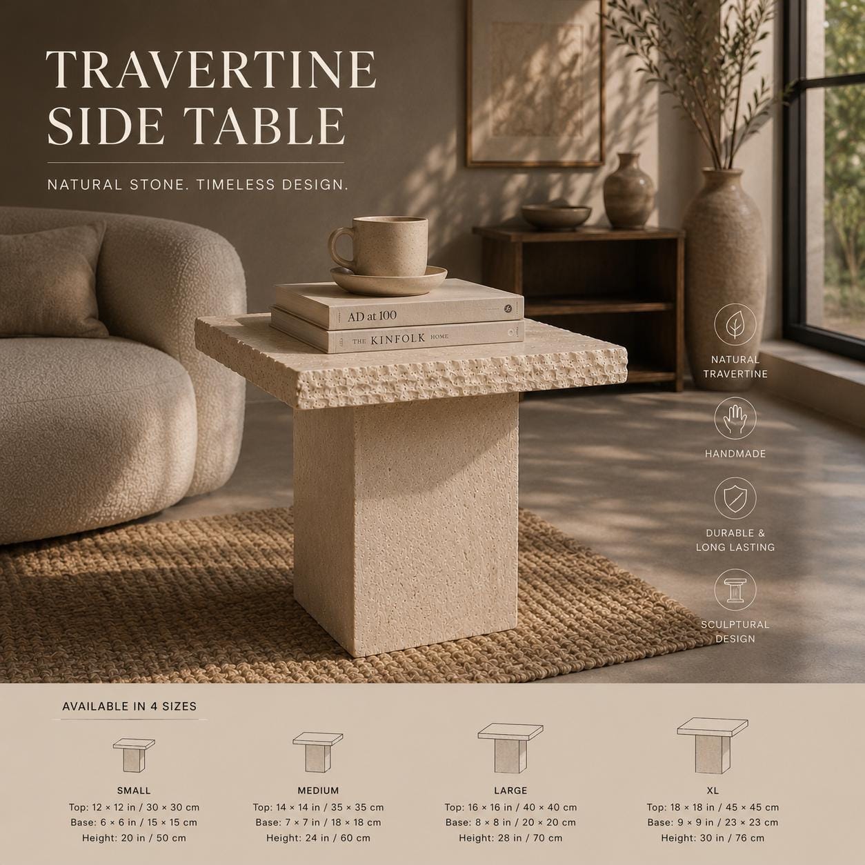 Handmade Travertine Side Table, Natural Stone Sculptural Accent Furniture
