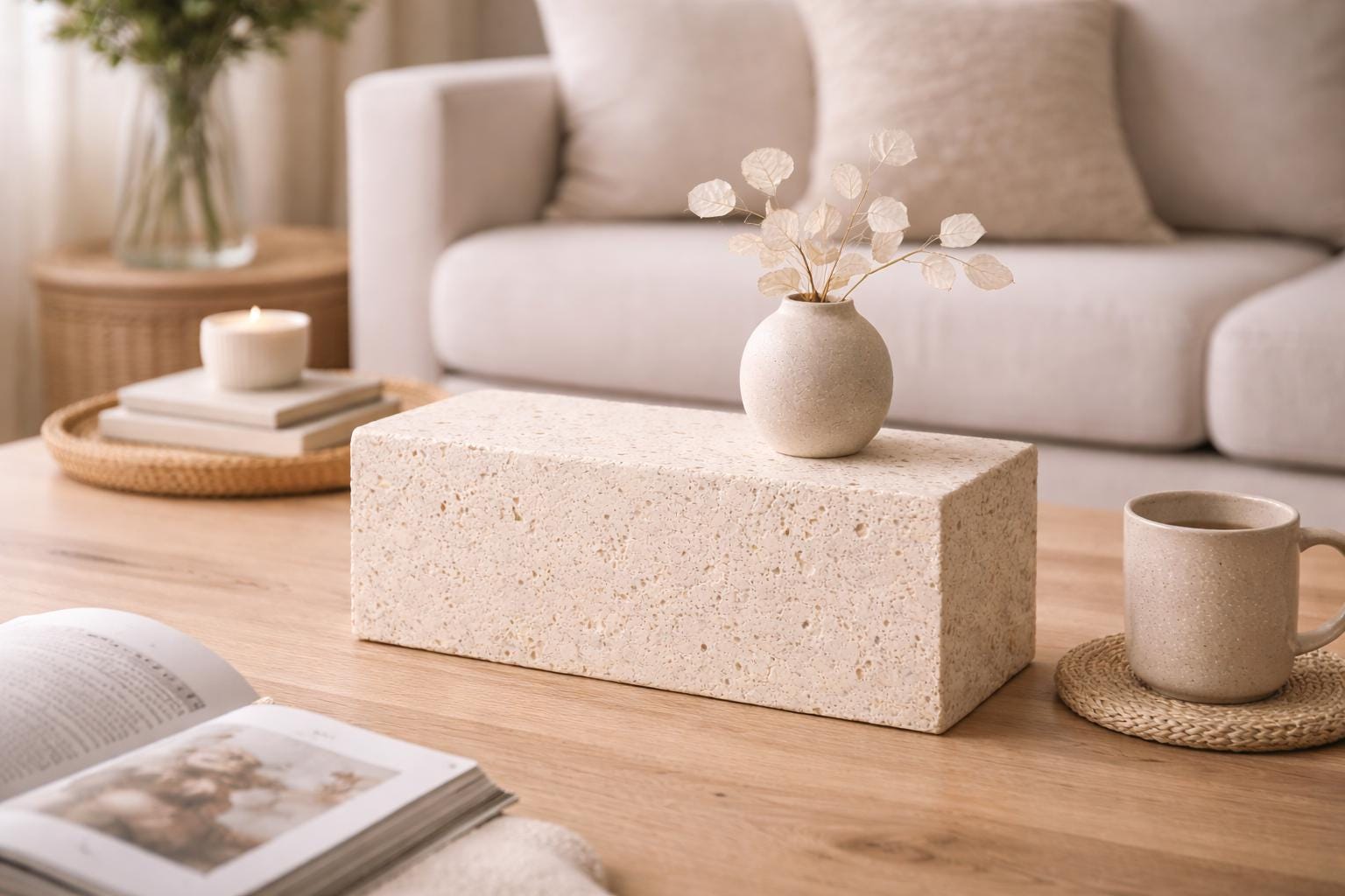 Travertine Pedestal Stand, Natural Beige Stone Decor Block, Organic Modern Styling Piece