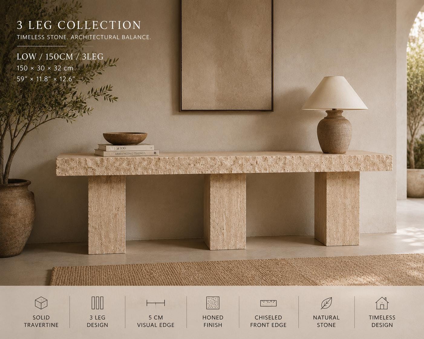 Travertine Console Table, Architectural 3-Leg Stone Entry Table, Wabi Sabi Mediterranean Furniture