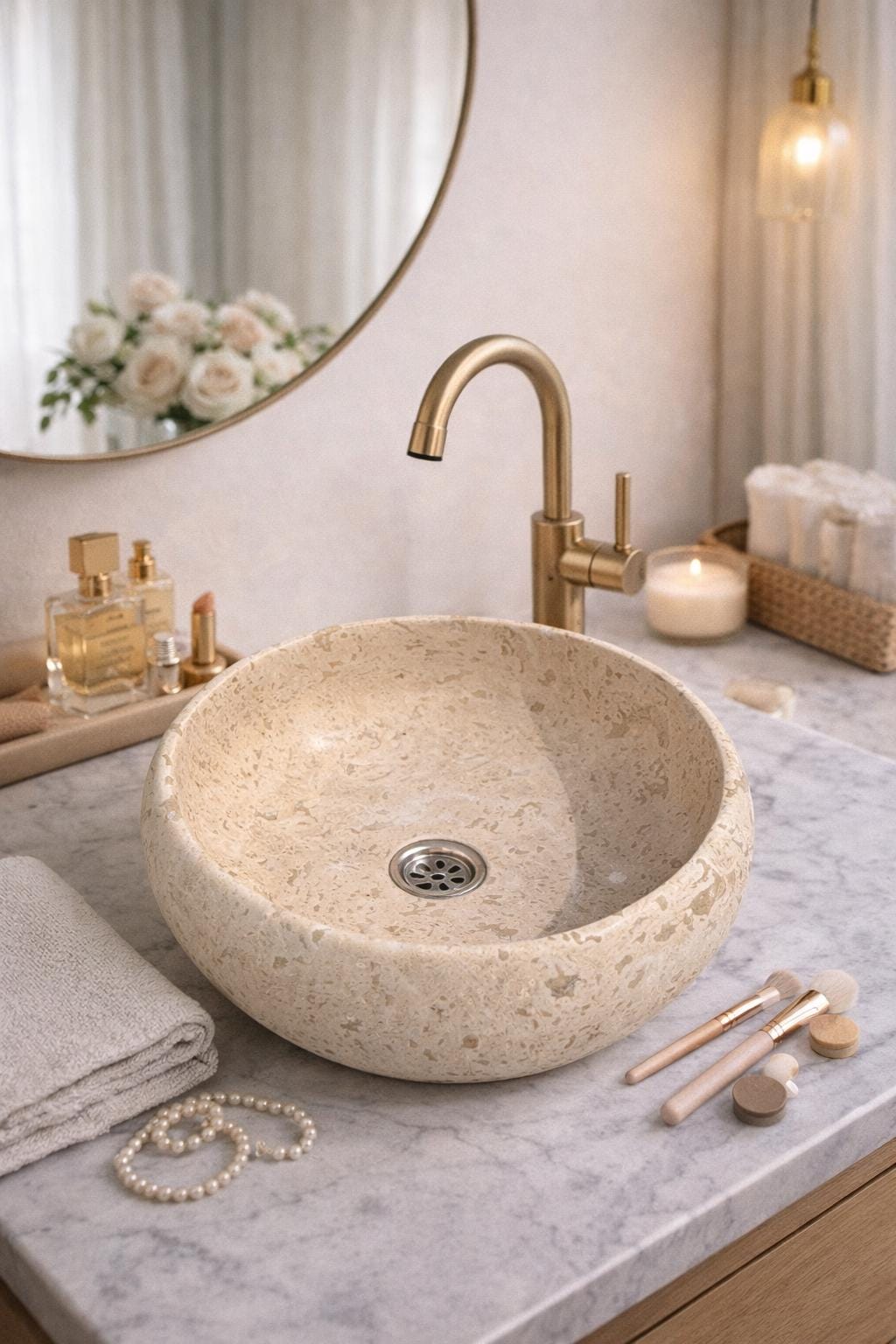 Handcrafted Travertine Vessel Sink – Natural Stone Bathroom Basin (42 cm)