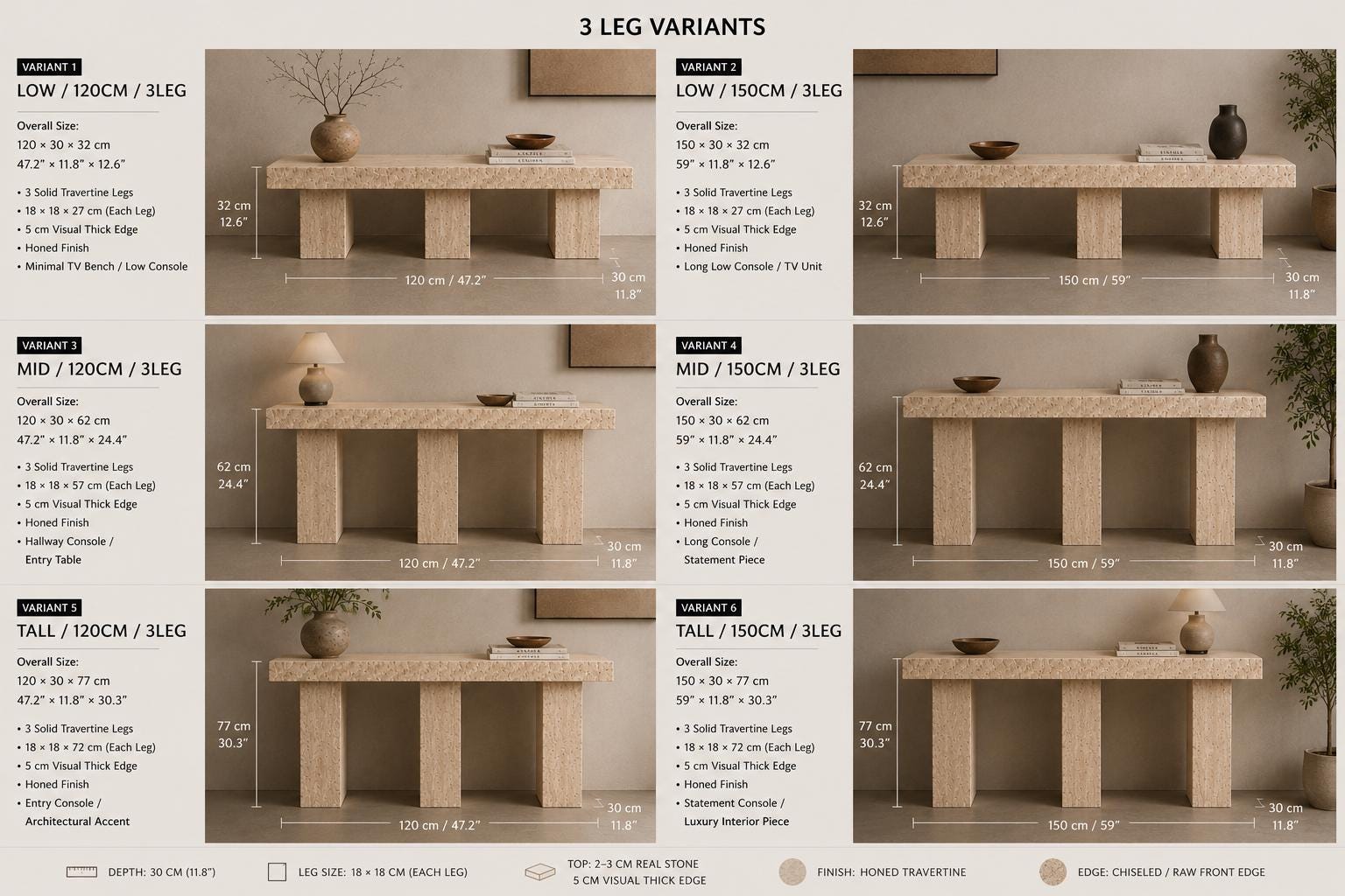 Travertine Console Table, Architectural 3-Leg Stone Entry Table, Wabi Sabi Mediterranean Furniture