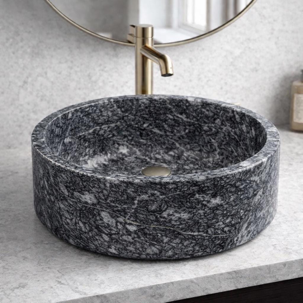 Natural Marble Vessel Sink – 28 cm Round Stone Bathroom Basin – Handmade Countertop Vanity Sink