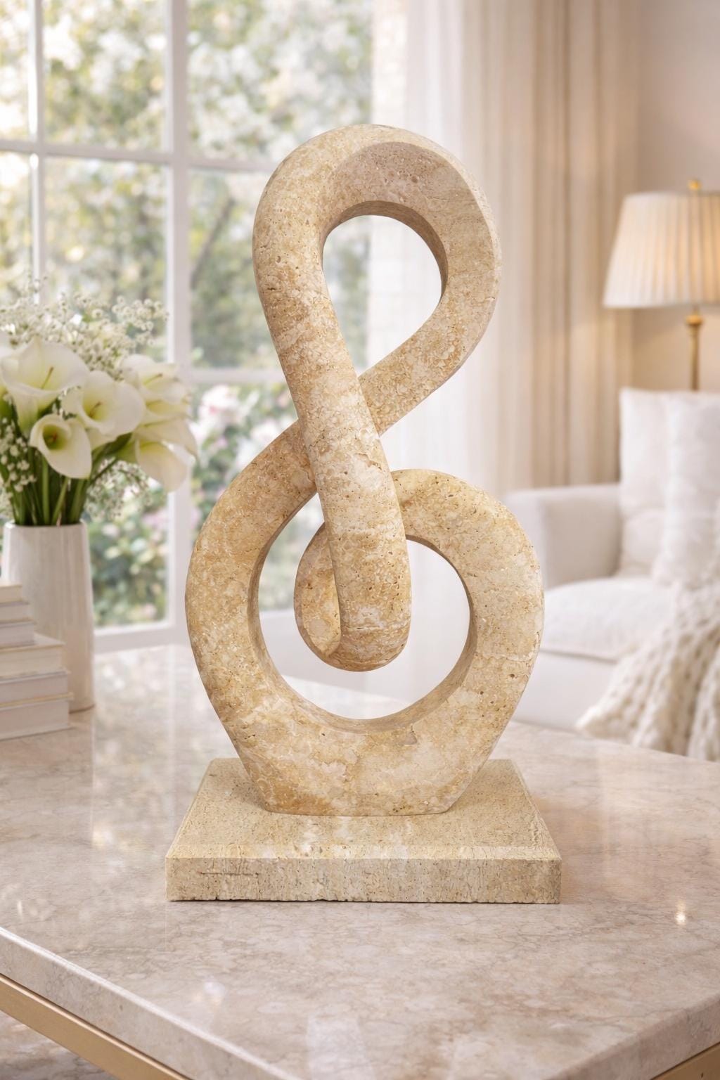 Hand-Carved Travertine Infinity Sculpture – Natural Beige Marble Home Accent