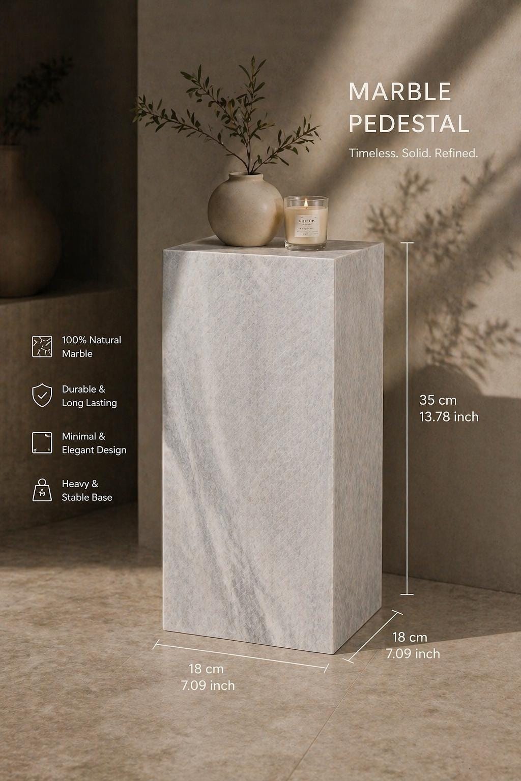 Solid Marble Pedestal, Minimalist Sculpture Display Stand (18x18x35 cm)