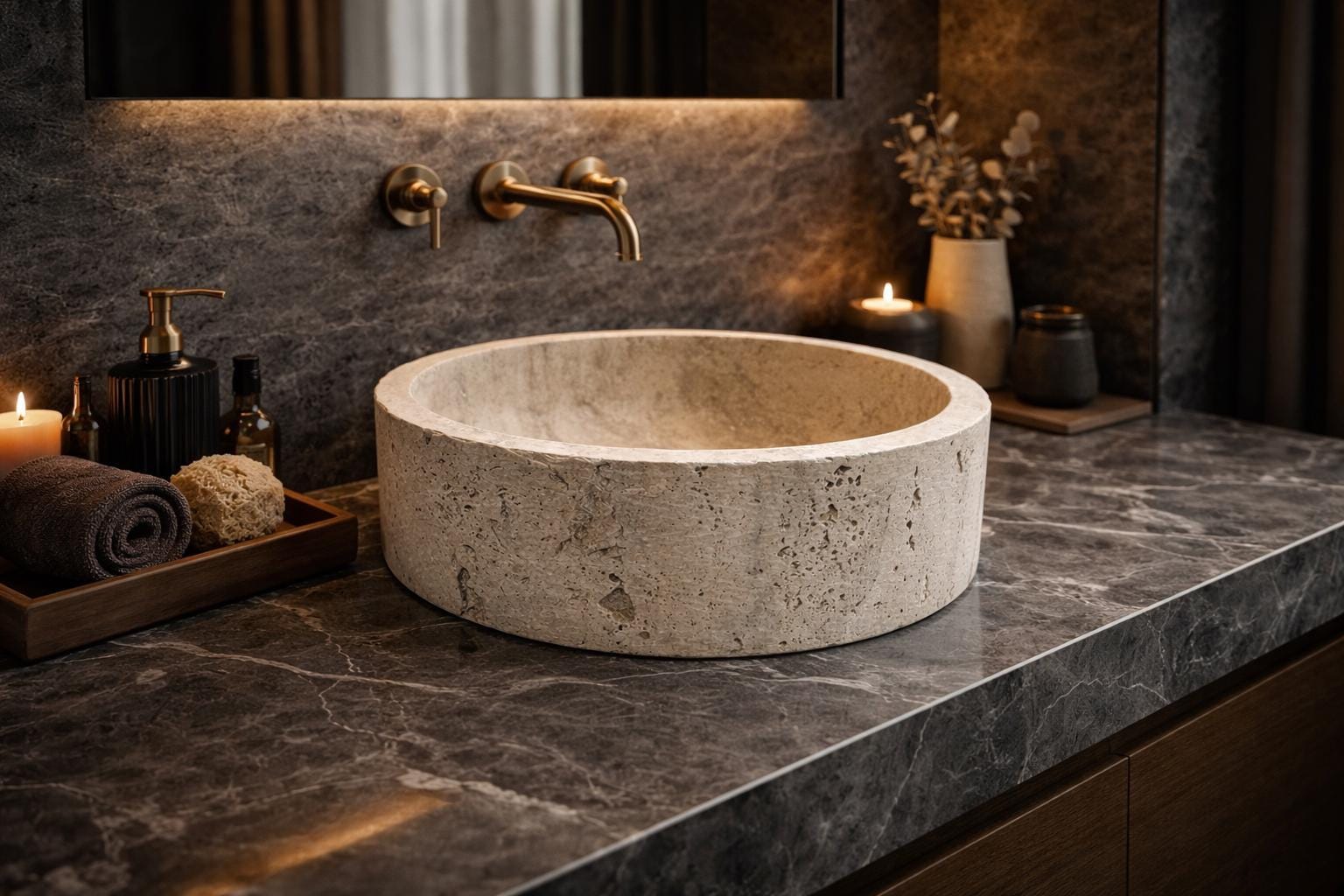 Hand Carved Travertine Vessel Sink – 42cm Natural Stone Bathroom Basin
