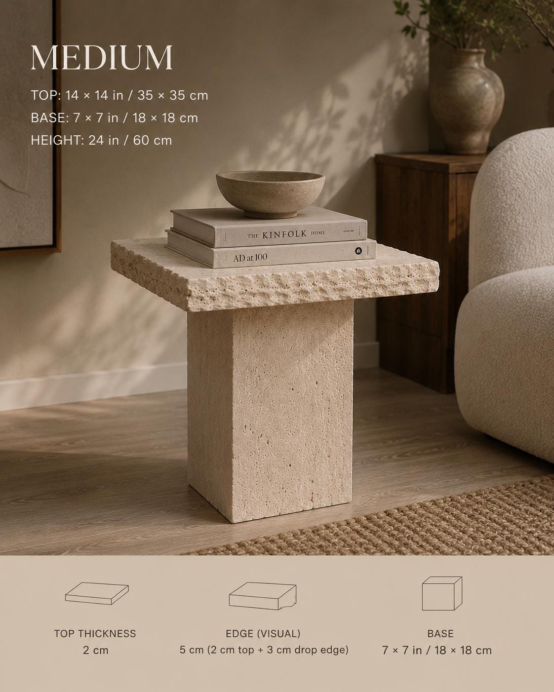 Handmade Travertine Side Table, Natural Stone Sculptural Accent Furniture