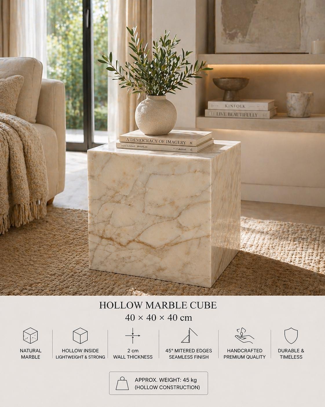 Natural Marble Cube Side Table, Minimalist Pedestal, 40cm Stone Accent, Handmade Decor
