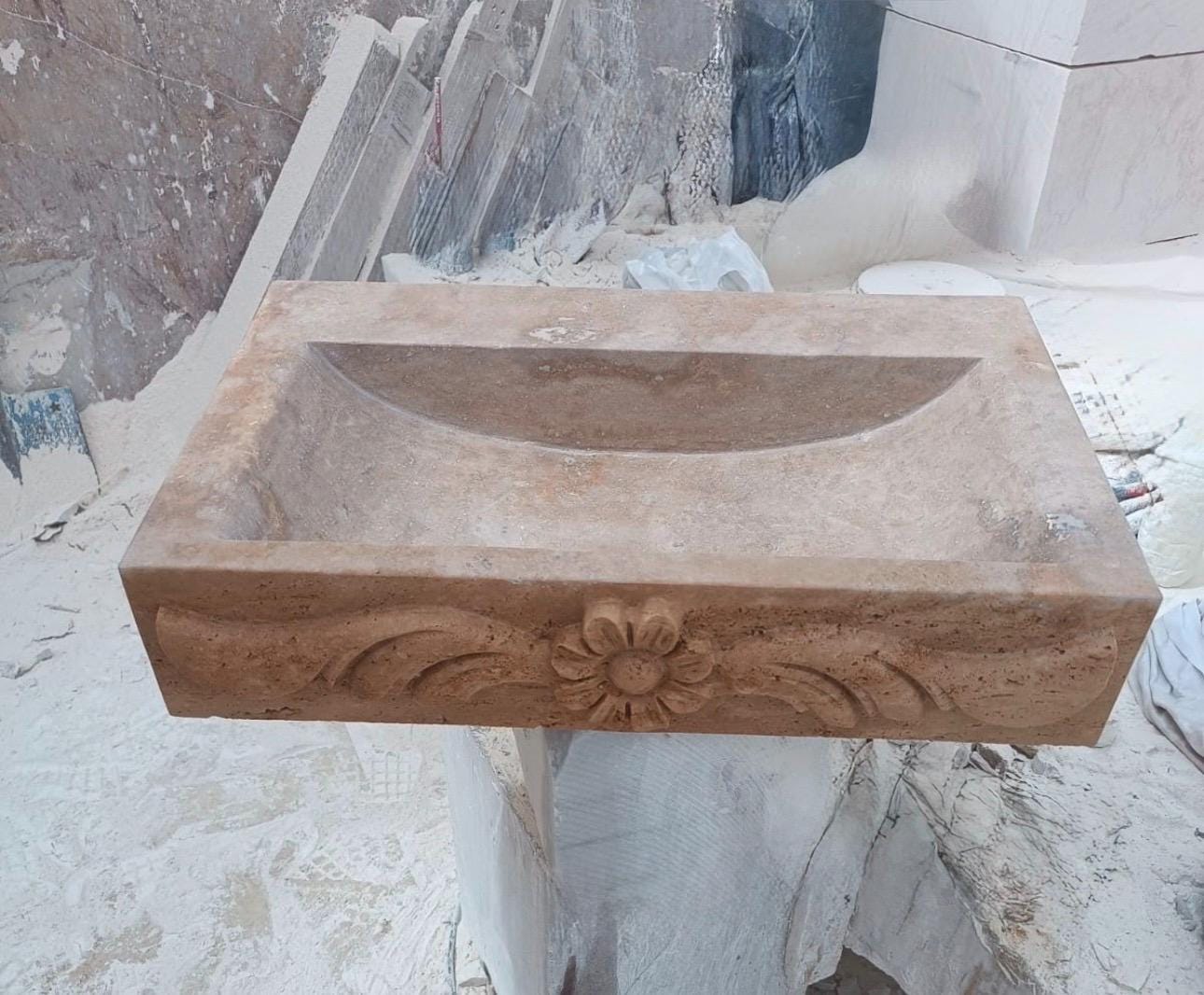 Hand Carved Travertine Sink, Natural Stone Bathroom Vanity Basin, Rustic Decor