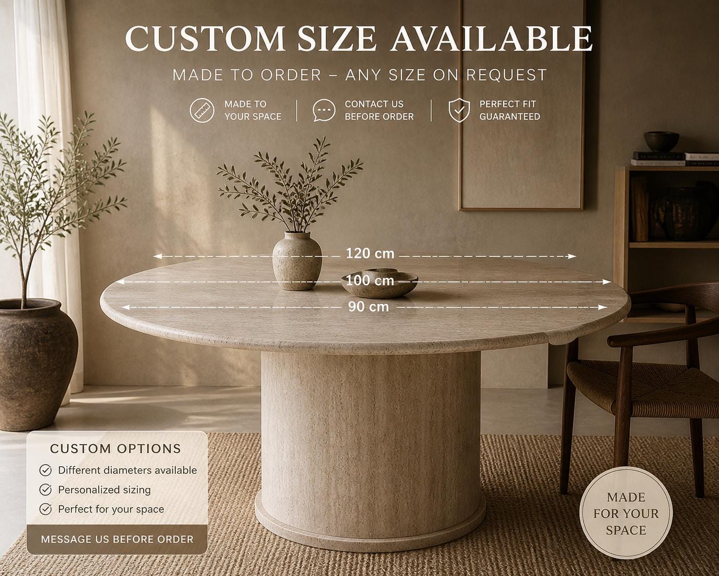 Travertine Round Dining Table, Fluted Pedestal Base, Natural Stone, 100cm