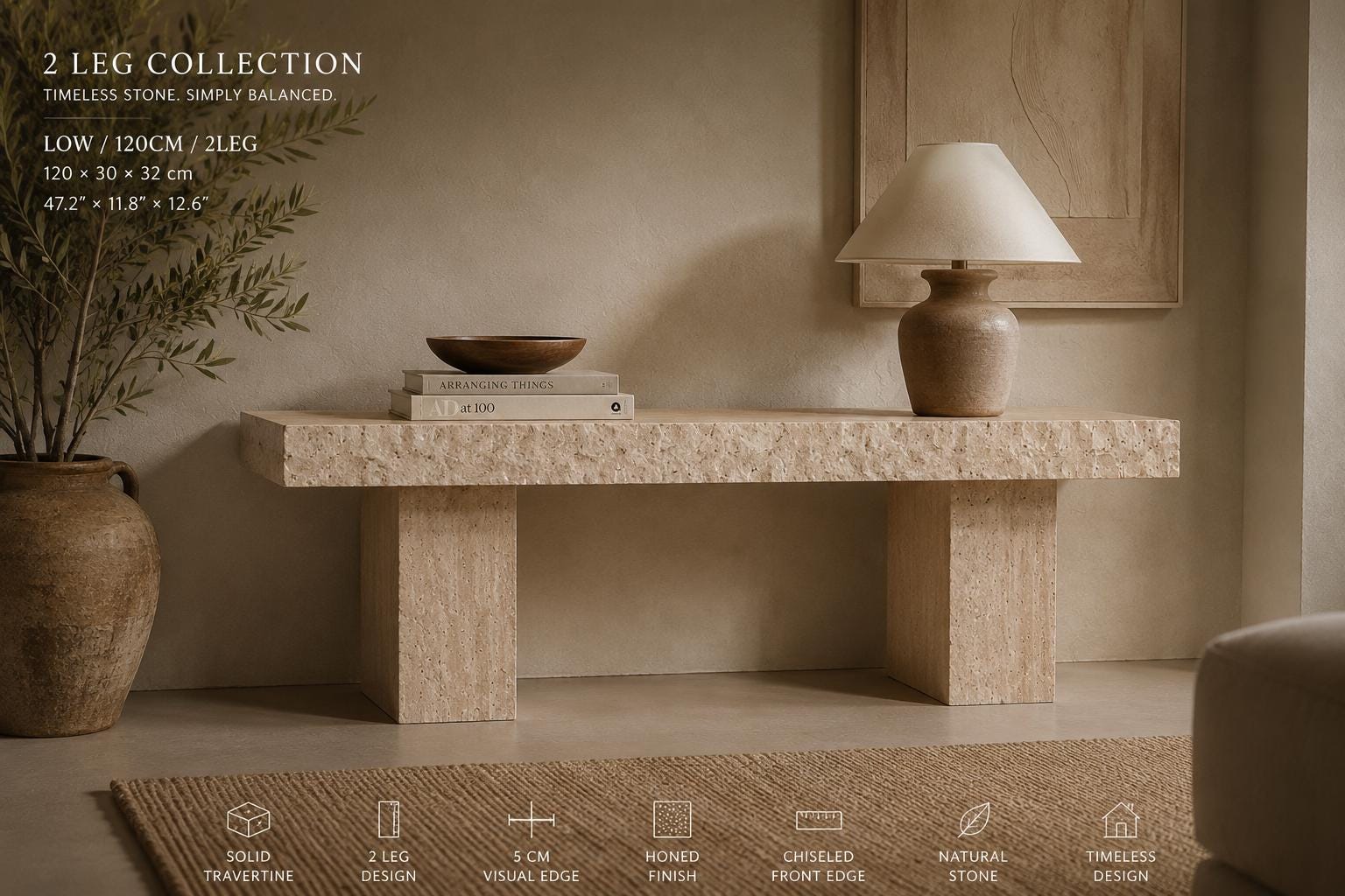 Travertine TV Stand, Minimalist Wabi Sabi Media Console, Natural Stone Furniture