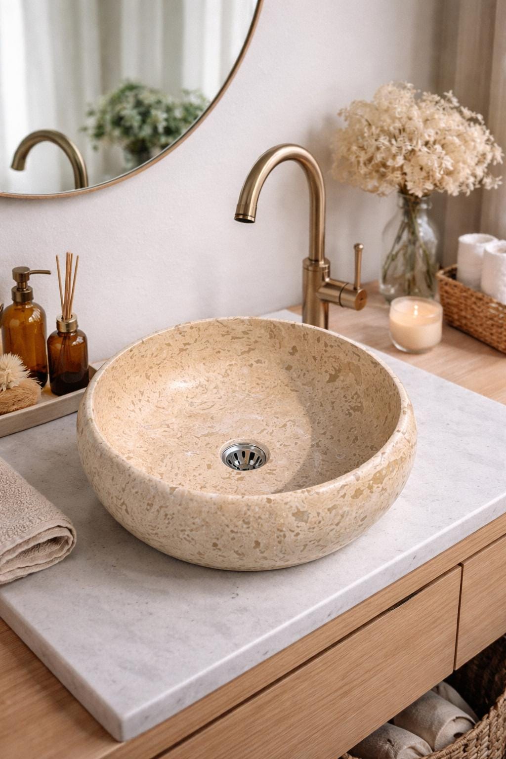 Handcrafted Travertine Vessel Sink – Natural Stone Bathroom Basin (42 cm)