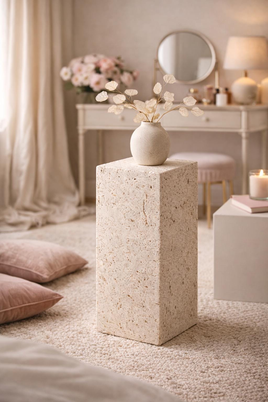 Travertine Pedestal Stand, Natural Beige Stone Decor Block, Organic Modern Styling Piece