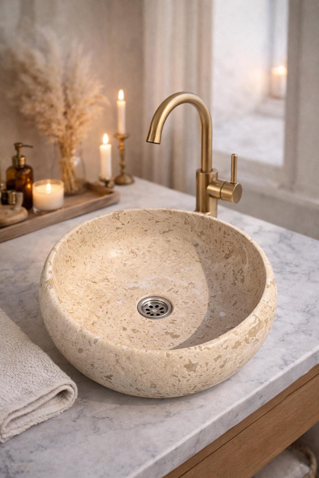 Handcrafted Travertine Vessel Sink – Natural Stone Bathroom Basin (42 cm)