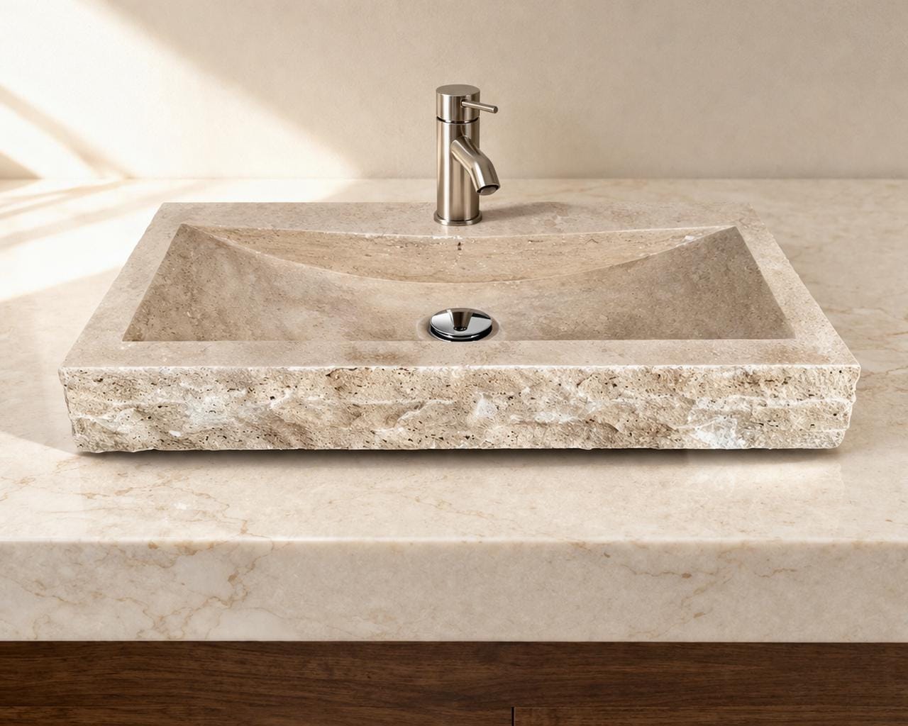Hand-Carved Travertine Sink – Natural Stone Modern Bathroom Vanity Washbasin