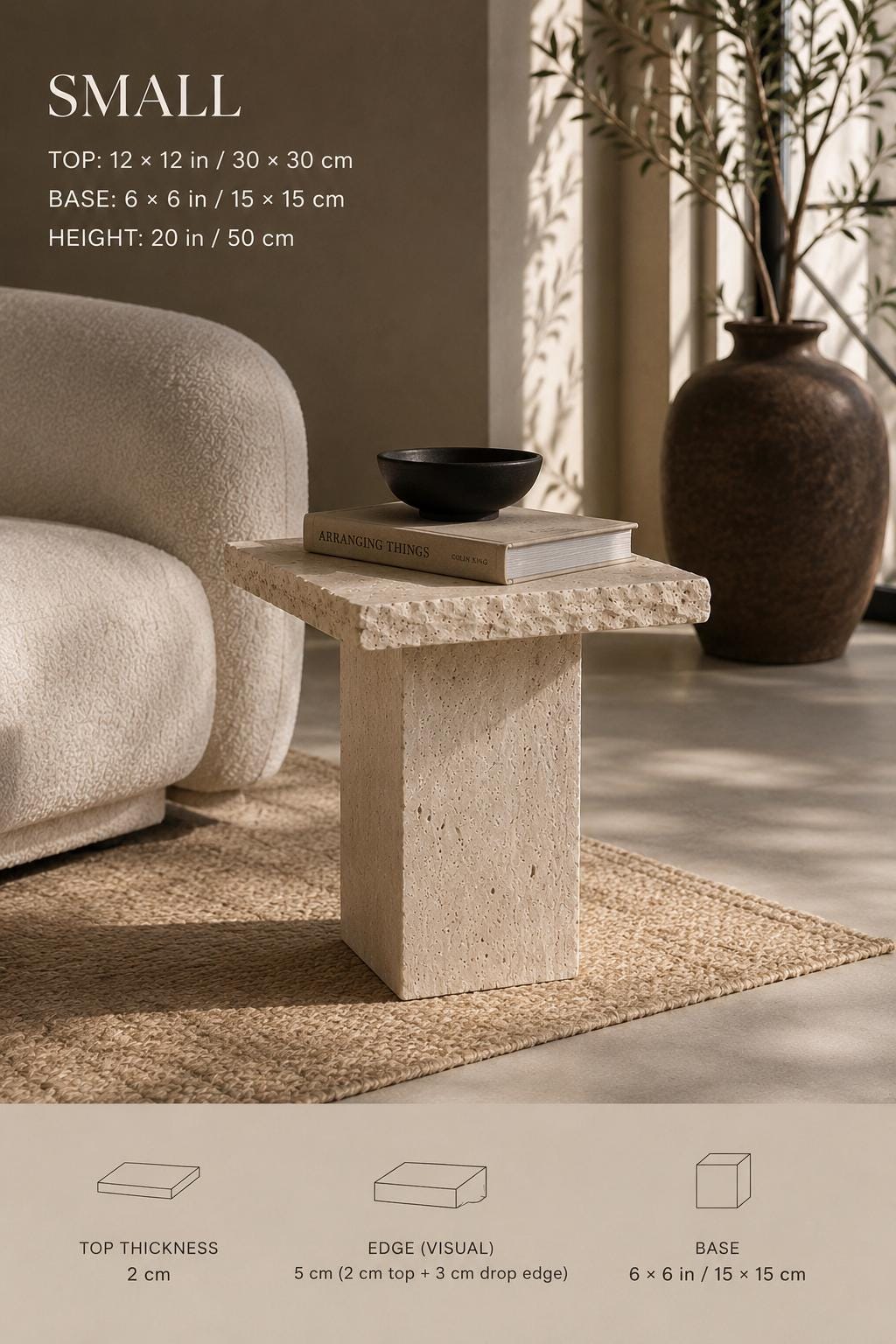 Handmade Travertine Side Table, Natural Stone Sculptural Accent Furniture