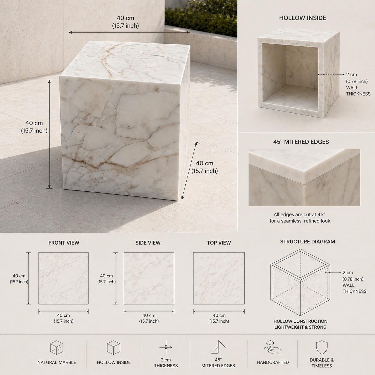 Natural Marble Cube Side Table, Minimalist Pedestal, 40cm Stone Accent, Handmade Decor