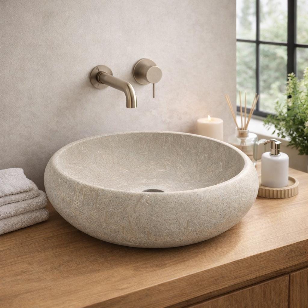Hand Carved Limestone Vessel Sink – Natural Fossil Texture Bathroom Basin