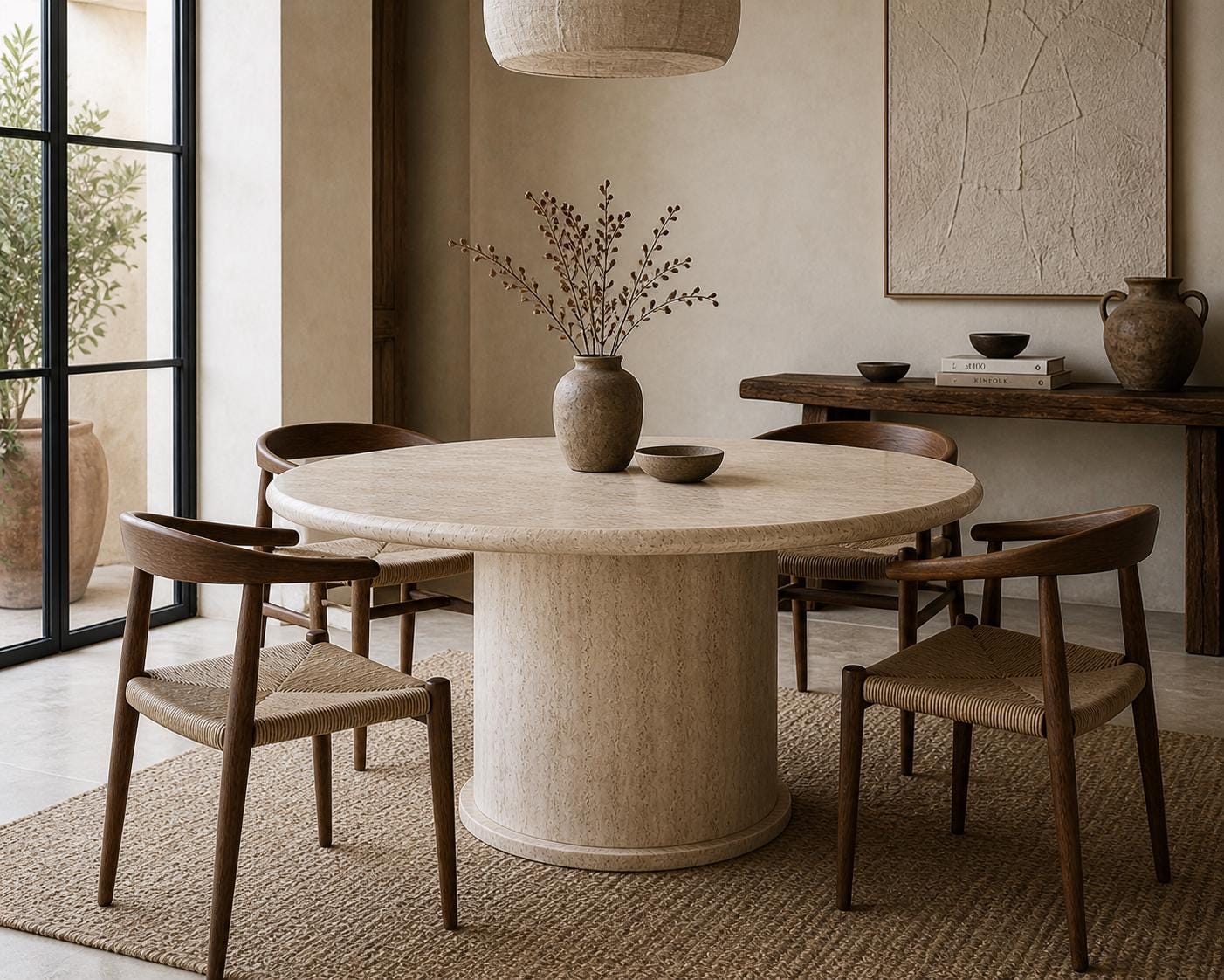 Travertine Round Dining Table, Fluted Pedestal Base, Natural Stone, 100cm
