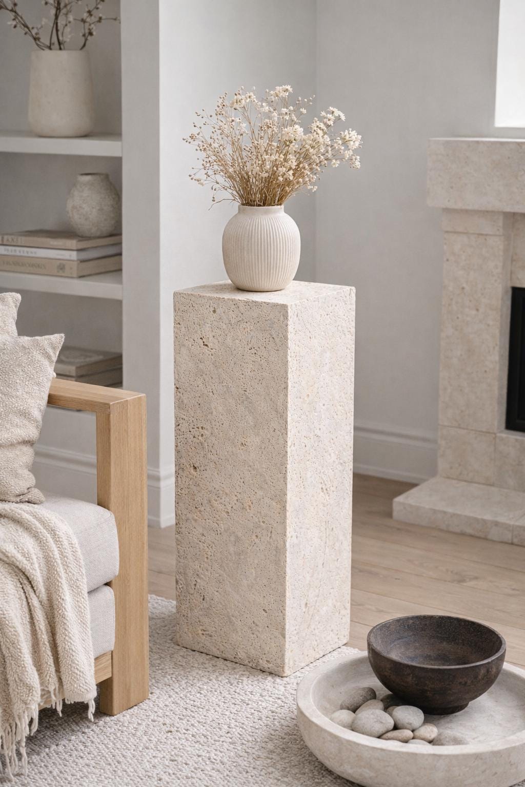 Natural Travertine Pedestal 50cm, Stone Display Column, Minimalist Home Decor