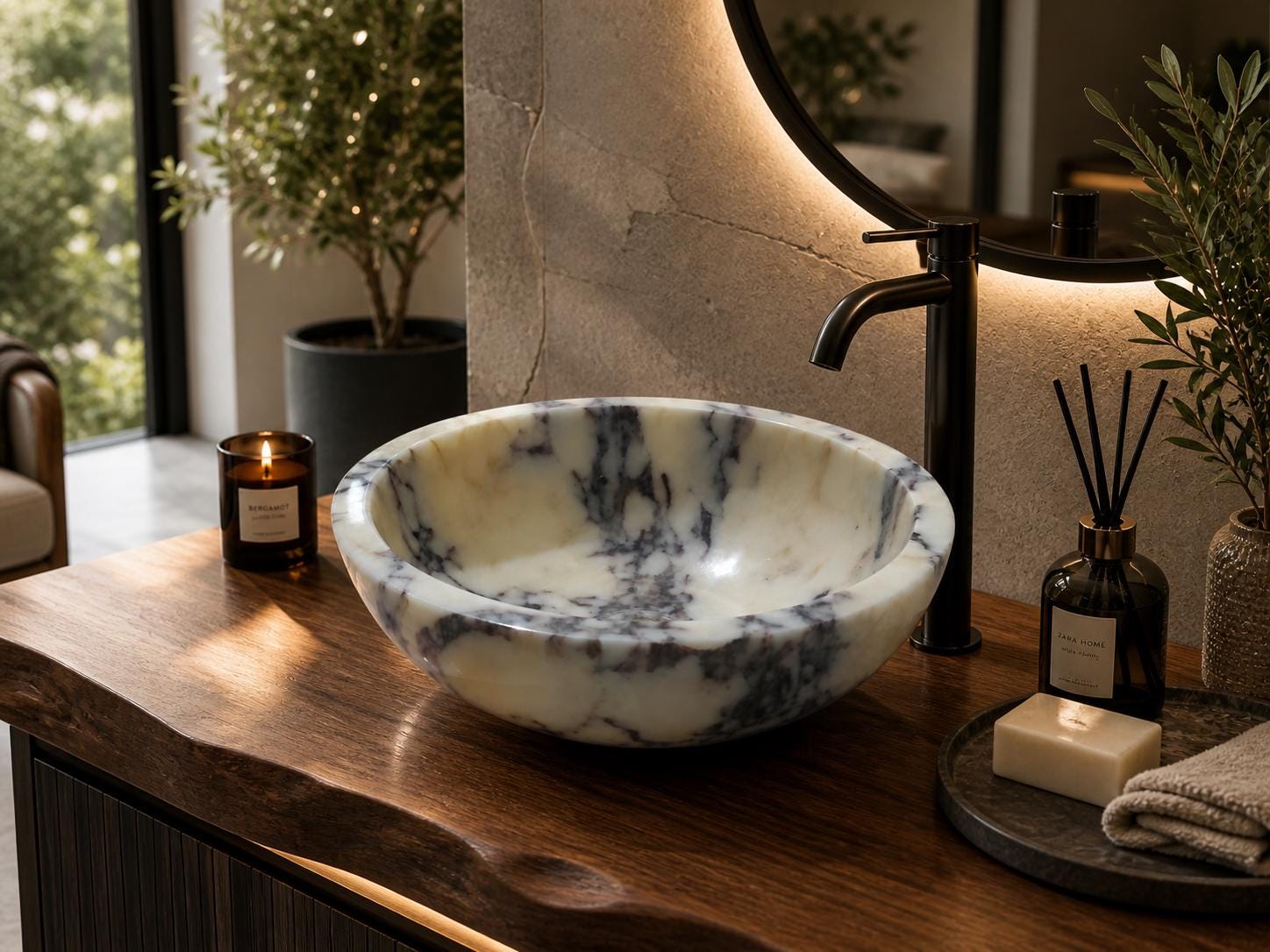 Hand Carved Calacatta Viola Marble Round Vessel Bathroom Sink – Natural Stone Vanity Basin