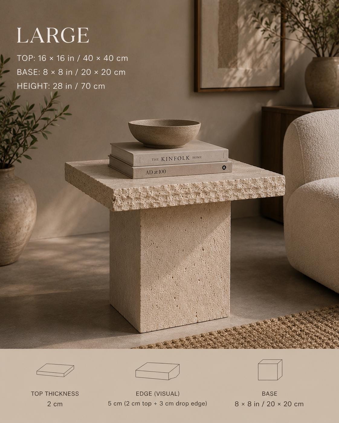 Handmade Travertine Side Table, Natural Stone Sculptural Accent Furniture