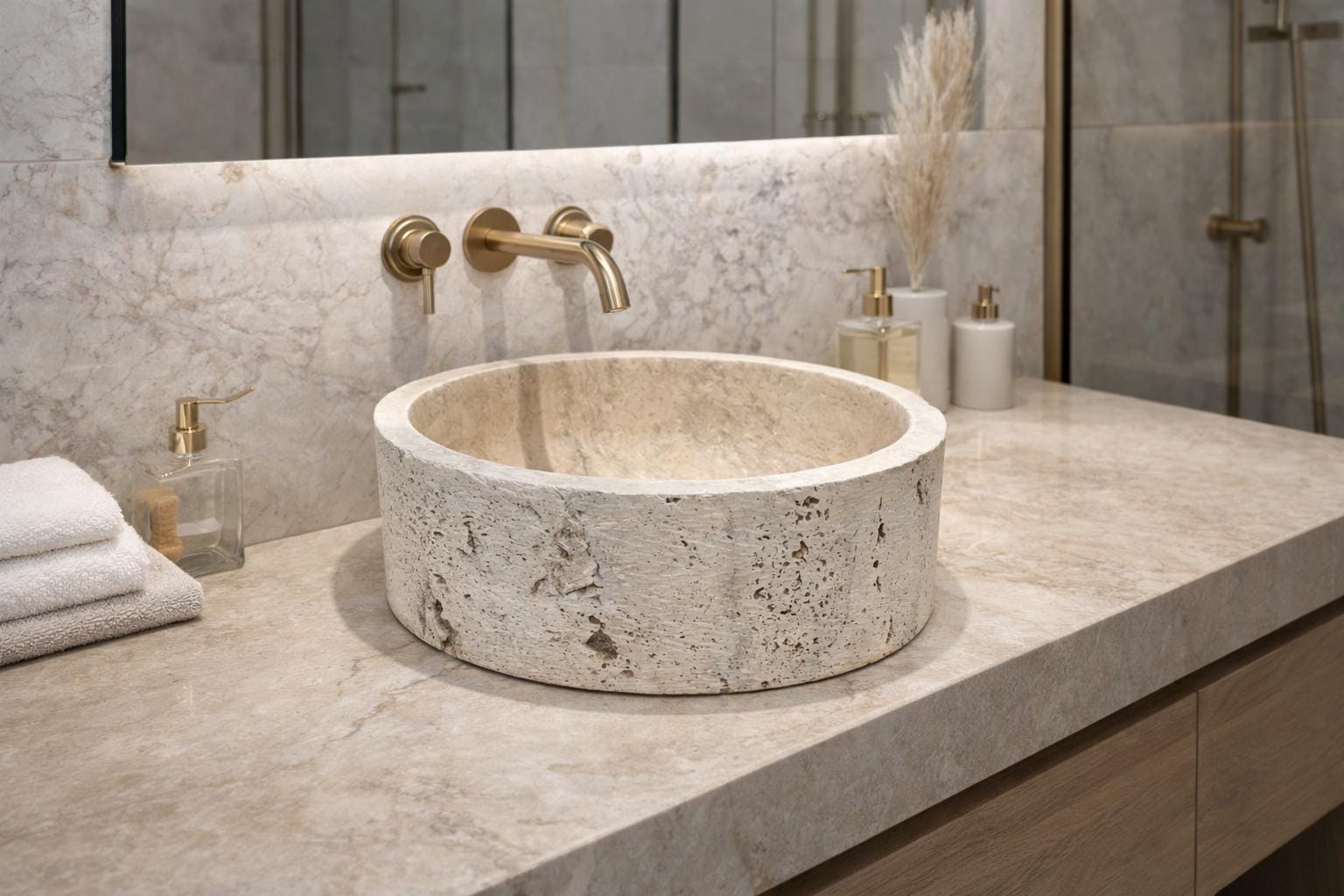 Hand Carved Travertine Vessel Sink – 42cm Natural Stone Bathroom Basin