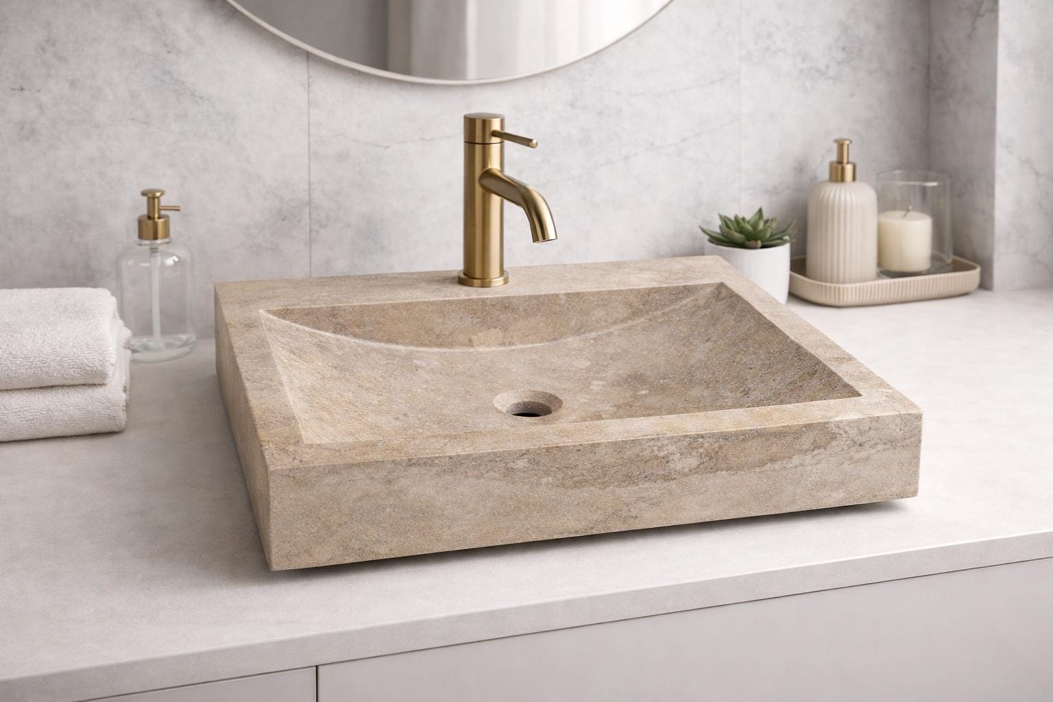 Handmade Travertine Stone Vessel Sink – Natural Beige Marble Vanity Wash Basin