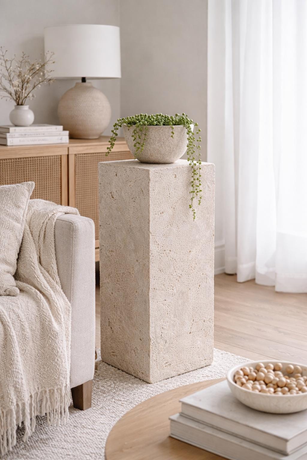 Natural Travertine Pedestal 50cm, Stone Display Column, Minimalist Home Decor