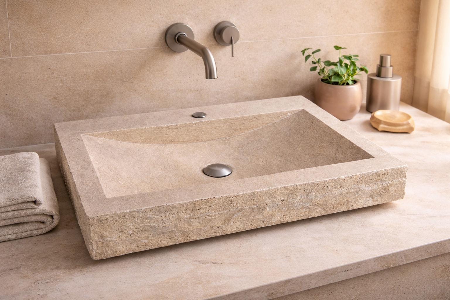 Hand-Carved Travertine Sink – Natural Stone Modern Bathroom Vanity Washbasin