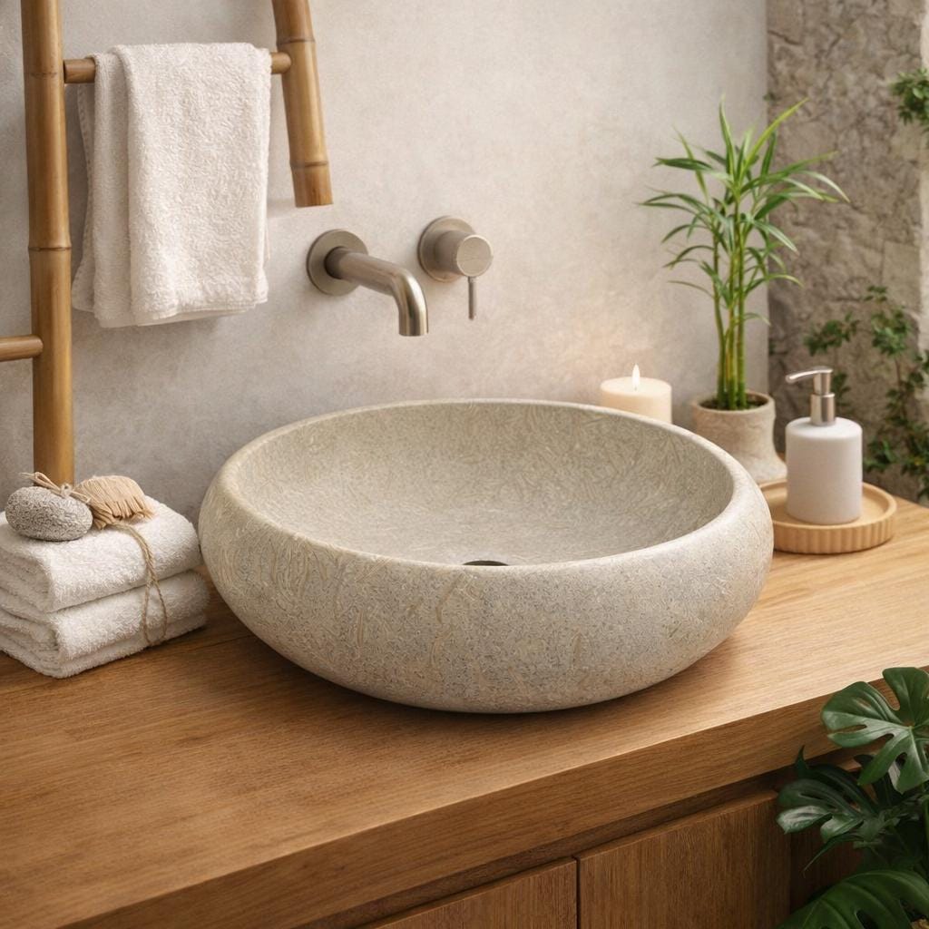 Hand Carved Limestone Vessel Sink – Natural Fossil Texture Bathroom Basin