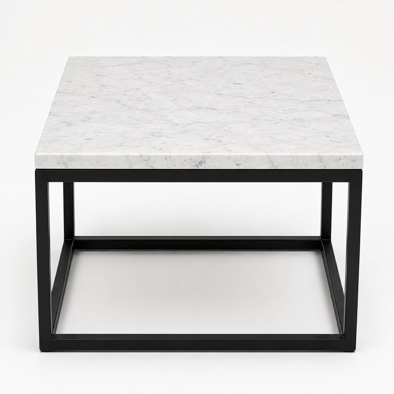 Square Afyon White marble coffee table with black steel frame, 60 cm